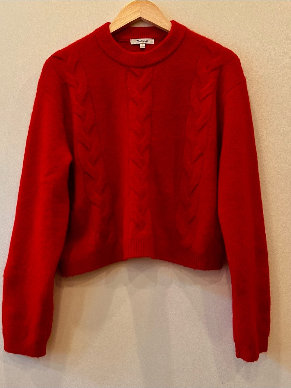 Madewell Wmn’s Red Cable Knit Crewneck Crop Sweater Wool Mohair Blend S EUC